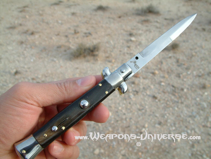 Italian Stiletto Switchblade, Black Horn, 9 inches