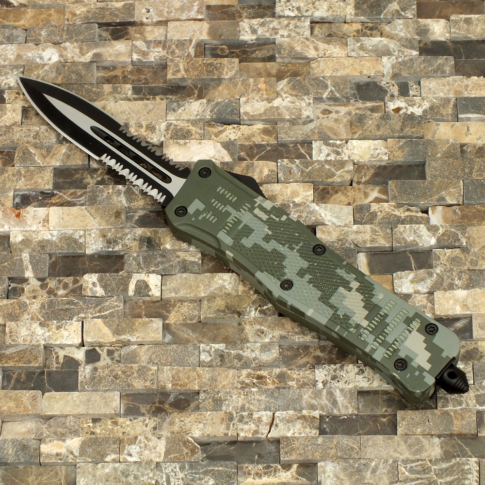 Delta Force OTF Out The Front Automatic Knife, Dual Side Serrated Large Camo