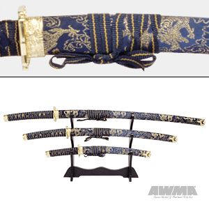 3 Piece Samurai Sword Set - Blue/Gold Tapestry, 135904