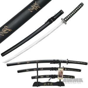3 Piece Samurai Sword Set - Black with Kanji, 3668