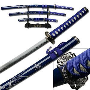 Carved Dragon Blue Samurai Sword Set, 15804