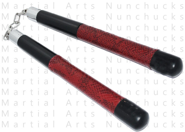 Nunchucks, Red Snakeskin Grip, Wood