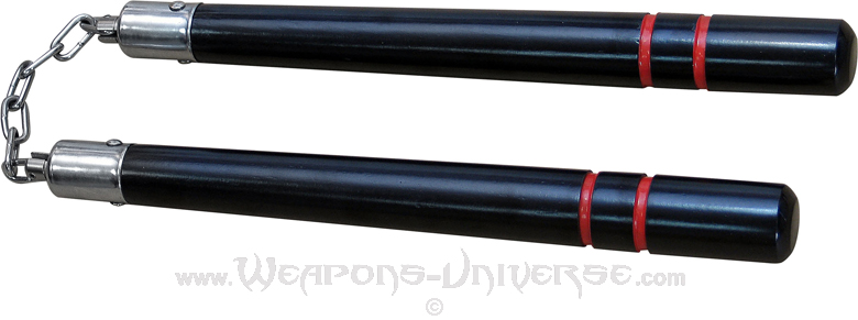 Nunchucks, Wood, Round, Black, Red Rings, Chain, HP-1001-BK