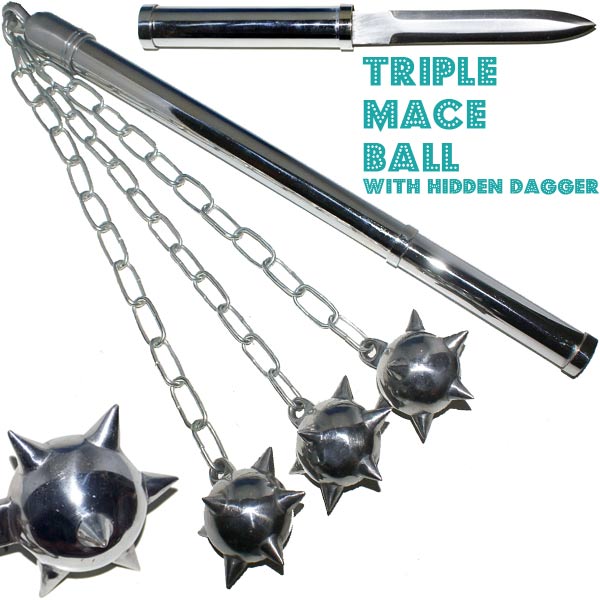 Triple Battle Mace with Hidden Dagger-Silver, PK-MBK-3
