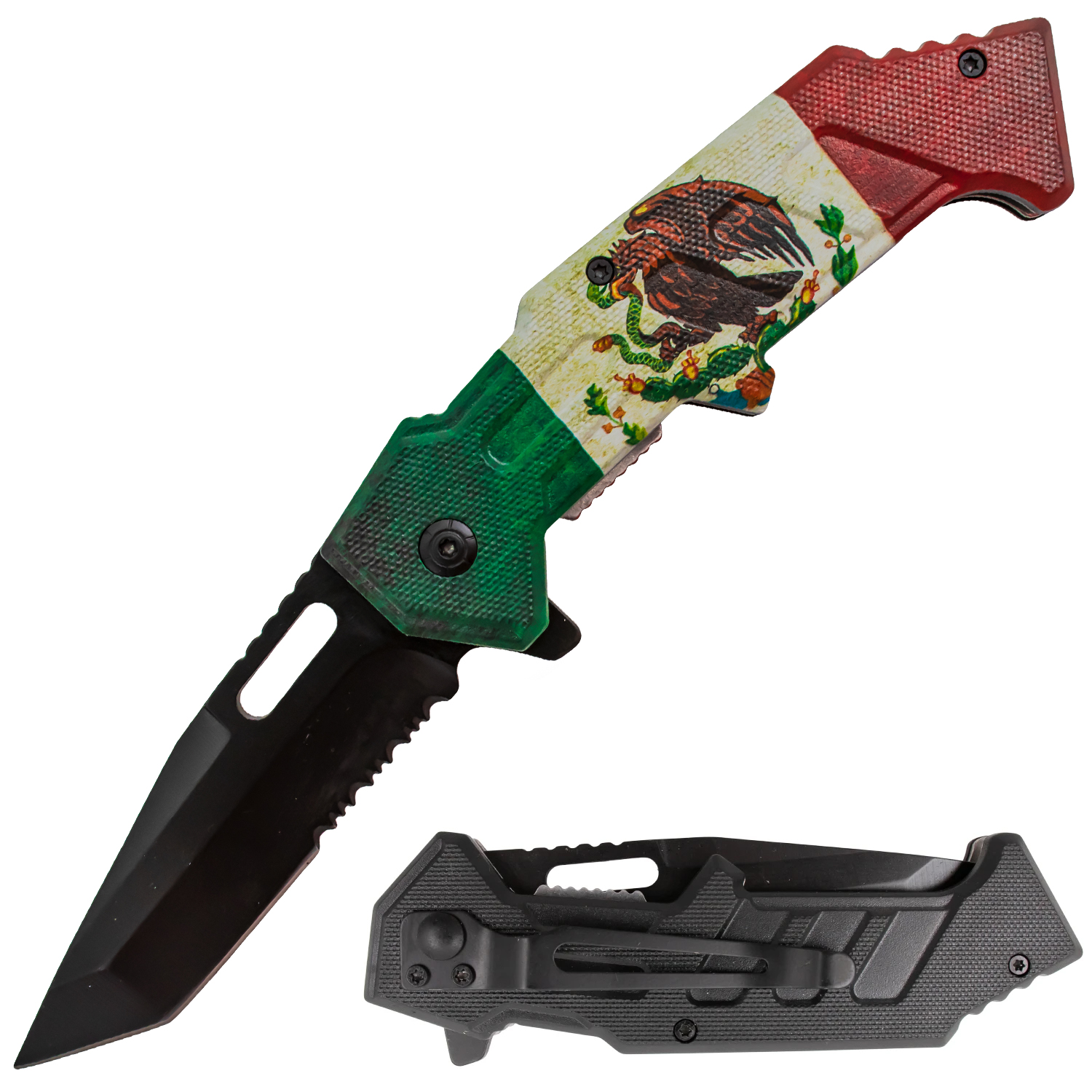 Mexico Rifle Mexican Pride Flag Tiger USA Spring Assisted Tanto Folder