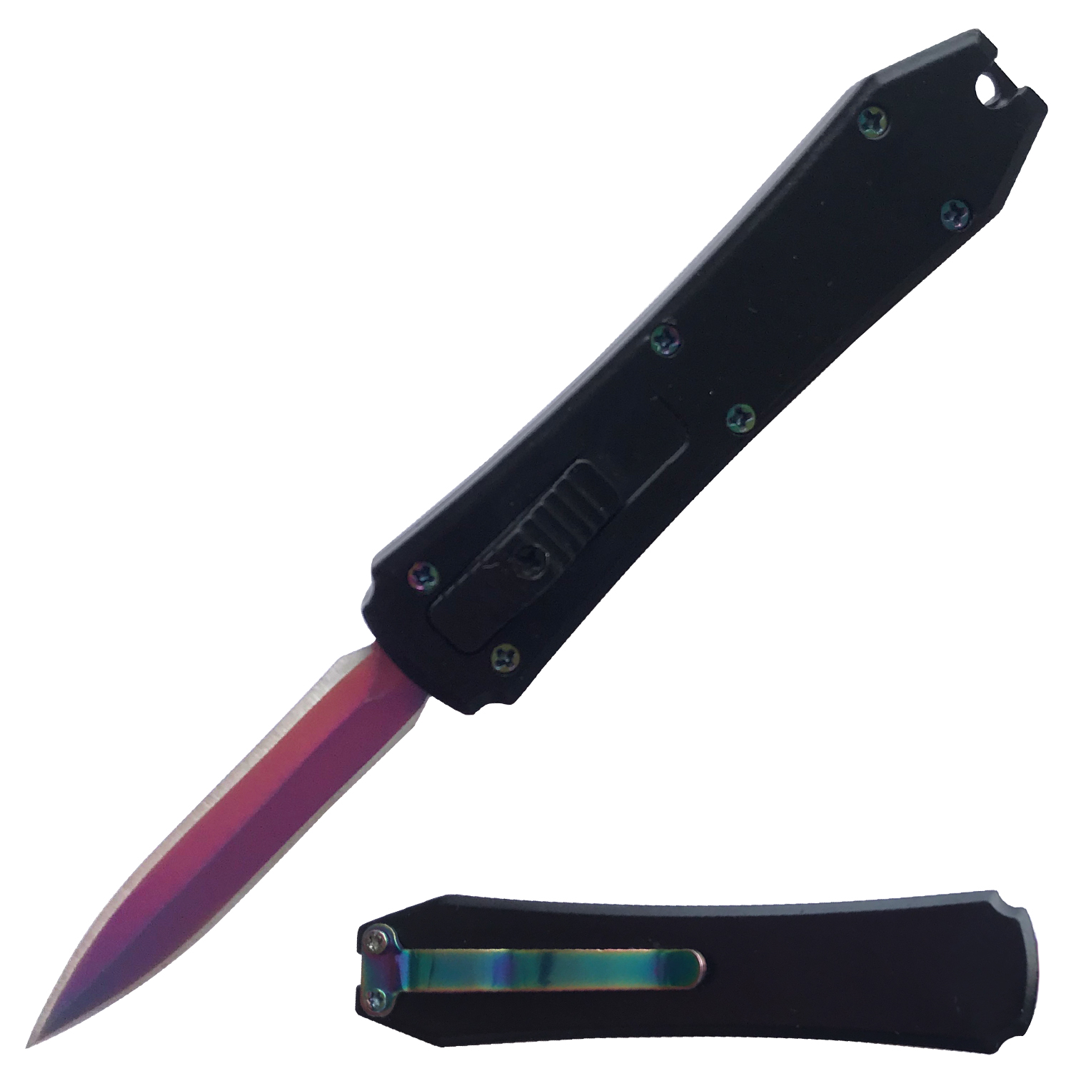 Mini Joker Rainbow Small OTF Pocket Knife Serrated