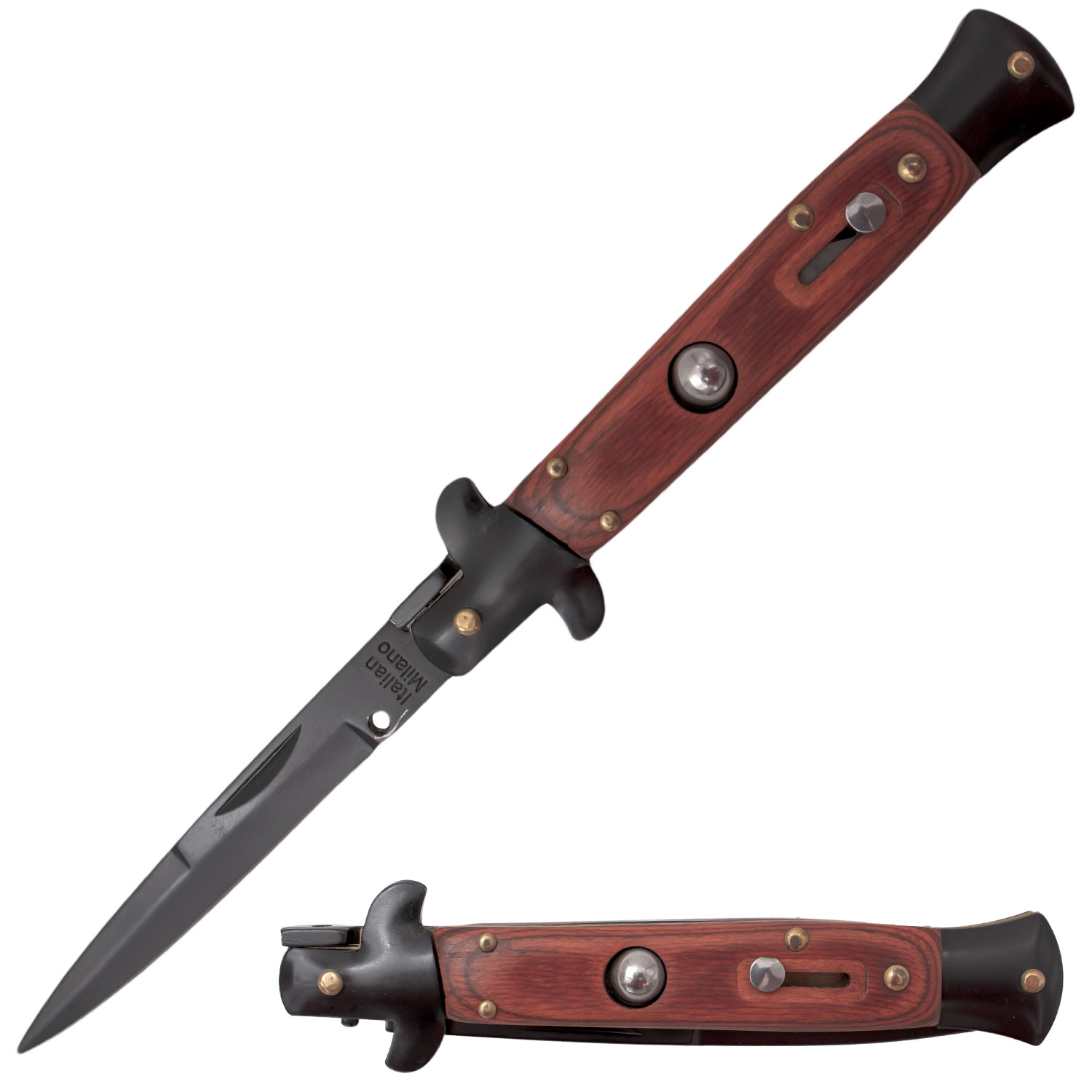 Mafia Italian Milano Stiletto Black Blade Wooden Automatic Knife