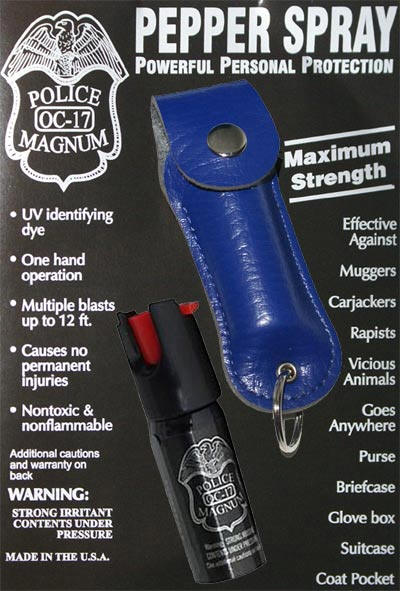 1/2oz pepper spray-blue leather pouch keychain