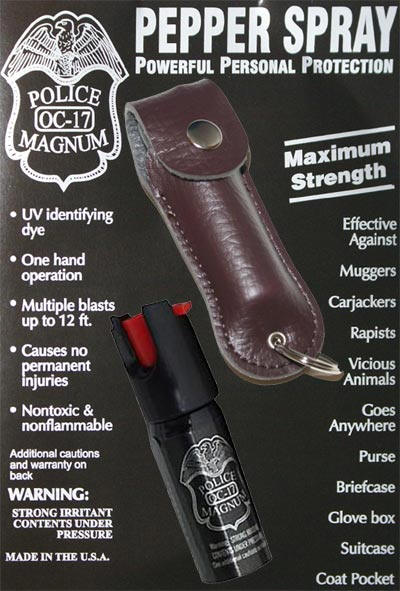 1/2oz pepper spray-brown leather pouch keychain