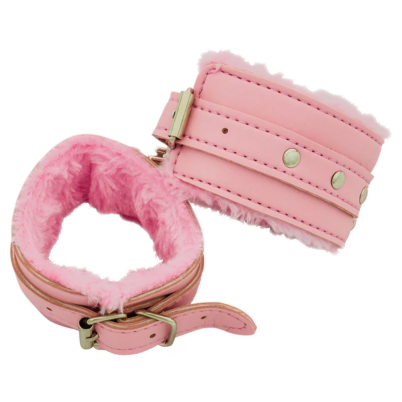 Pink leather handcuffs with fuzzy interior