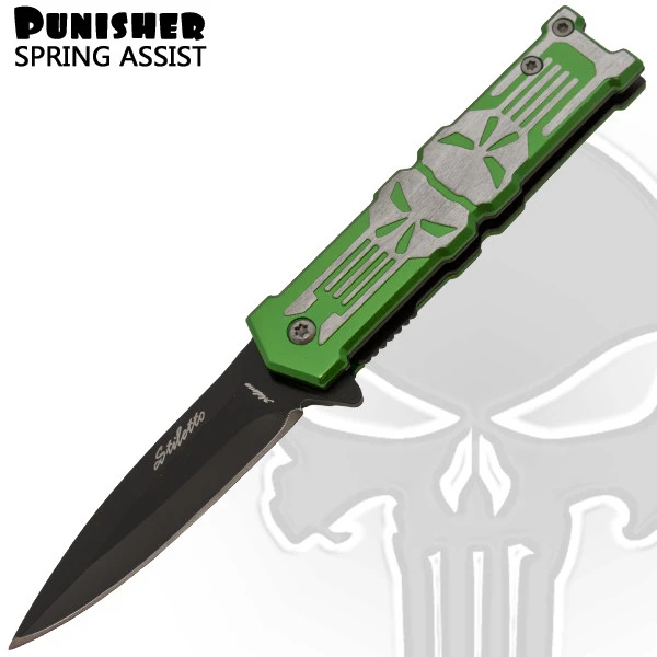 Punisher Lucky Green Skull Handle With Trigger Action Knife