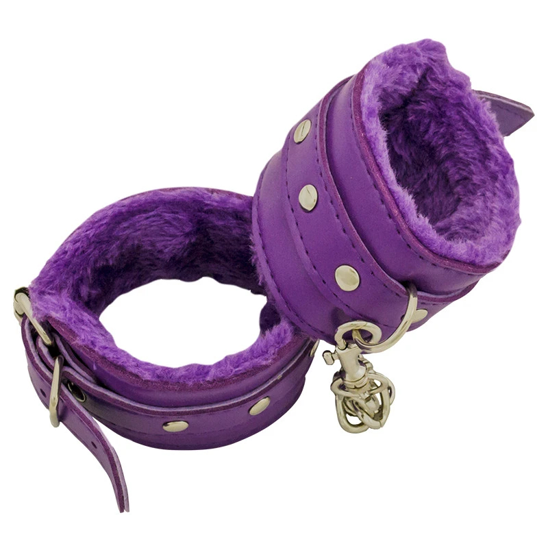 Purple leather handcuffs with fuzzy interior