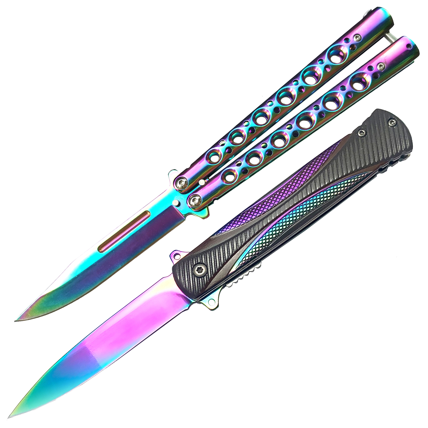 Rainbow Balisong and Assisted Knife Set