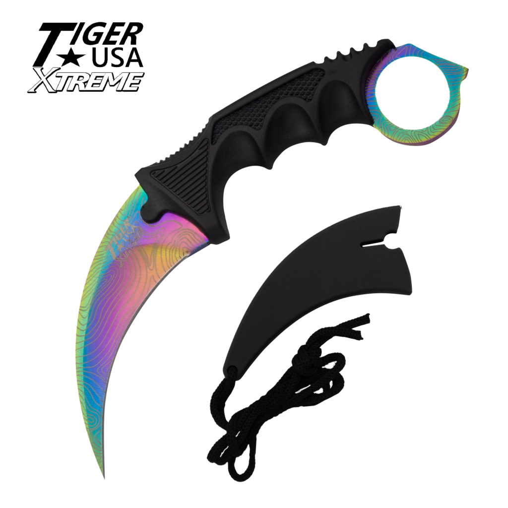 Rainbow Damascus Fixed Blade Karambit Neck Knife with Sheath