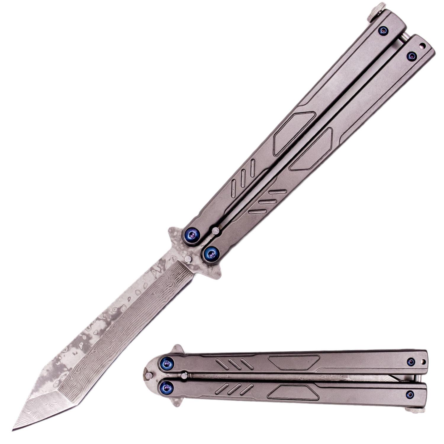 Real Damascus Butterfly Knife Gun Metal Finish (Reverse Tanto)