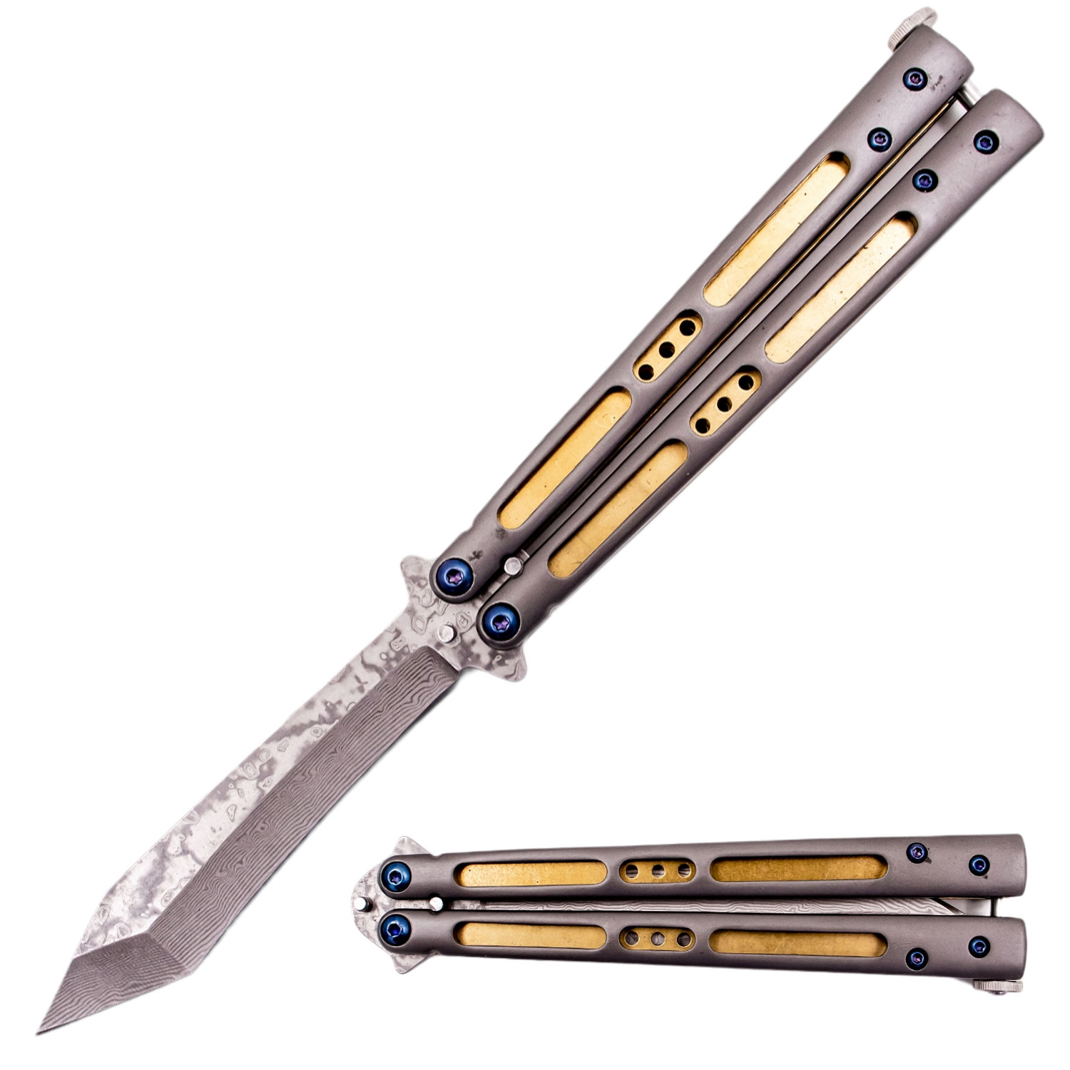 Real Damascus Butterfly Knife with Real Brass Lining (Reverse Tanto)