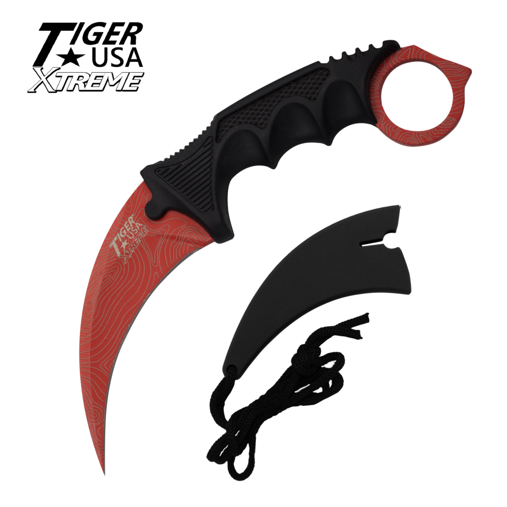 Red Damascus Fixed Blade Karambit Neck Knife with Sheath