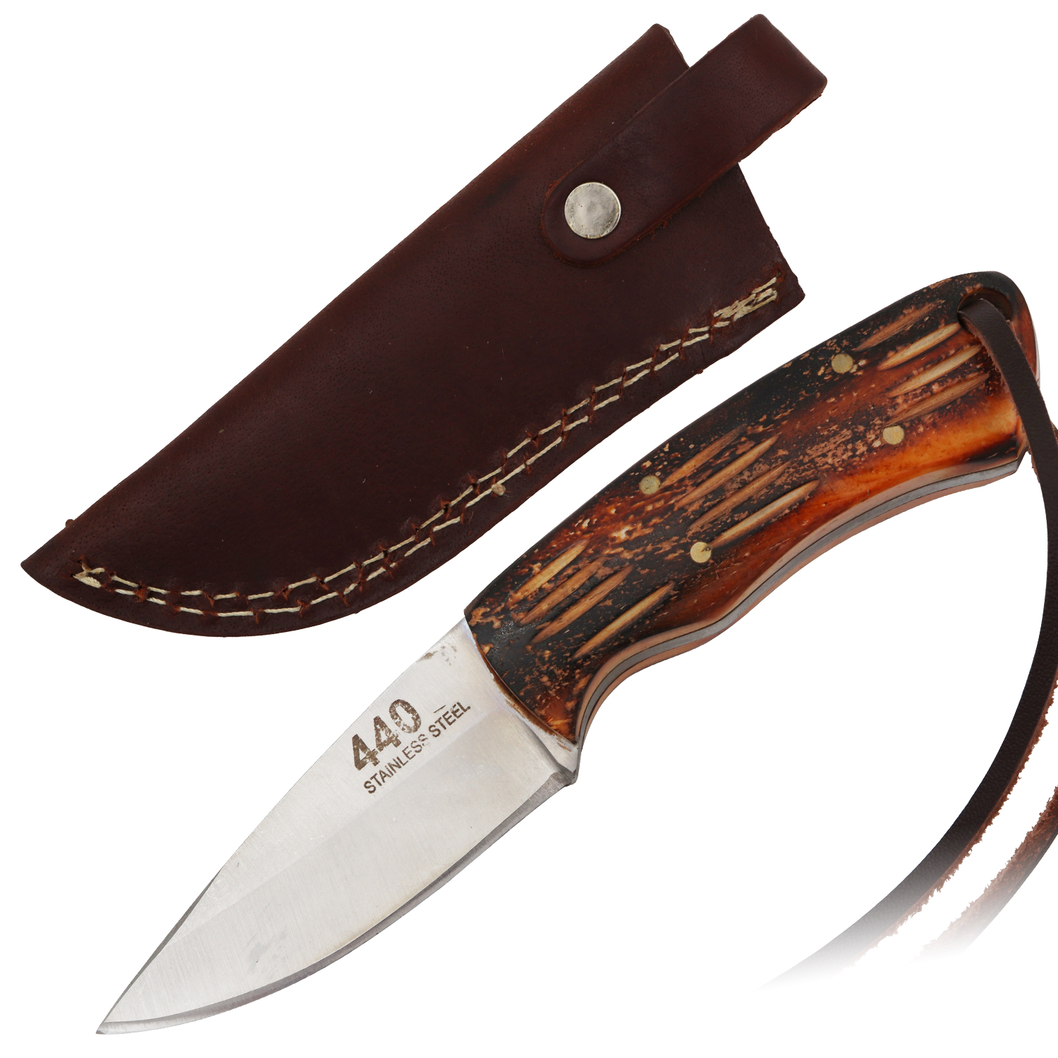 Red Deer Drop Point Full Tang 5.5 Inch Jagged Bone Hunting Knife