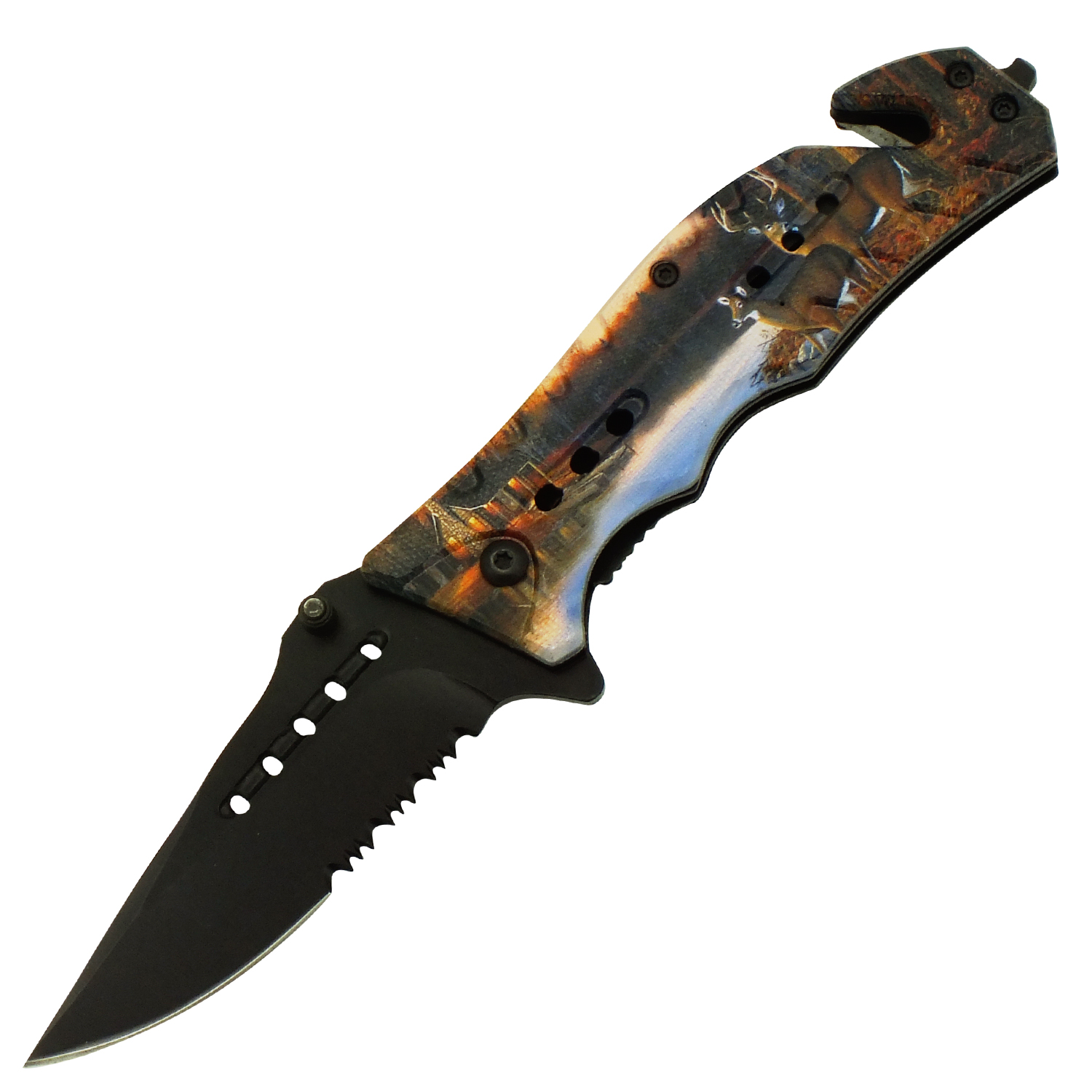 Natures Beauty Serrated Black Blade Spring Assisted Folding Knife