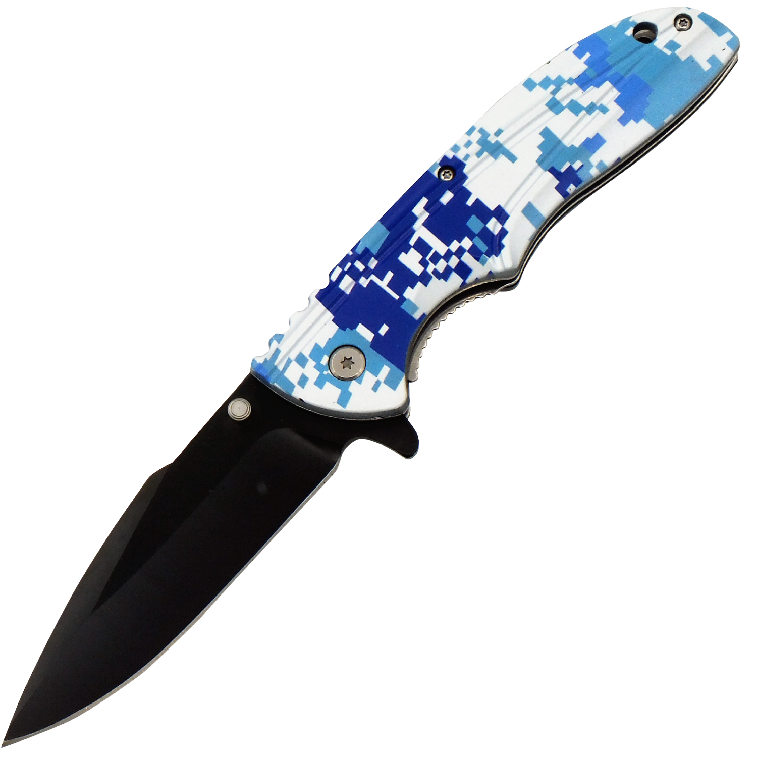 8-Bit Sky Blue Black Blade Spring Assisted Folding Knife