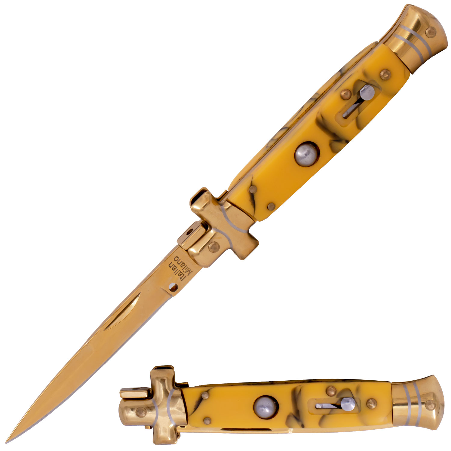 Italian Milano Gold Finger Automatic Stiletto Yellow Pearl Handle