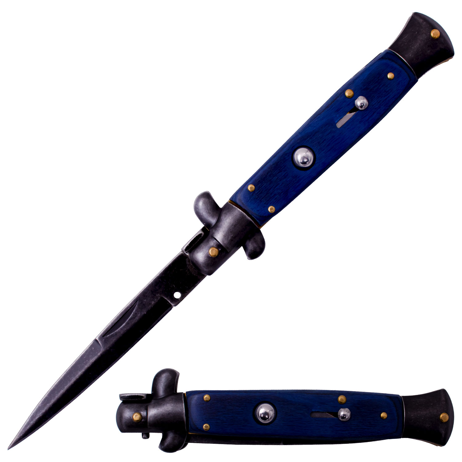 Automatic Folding Stiletto Knife Blue Wood Handle