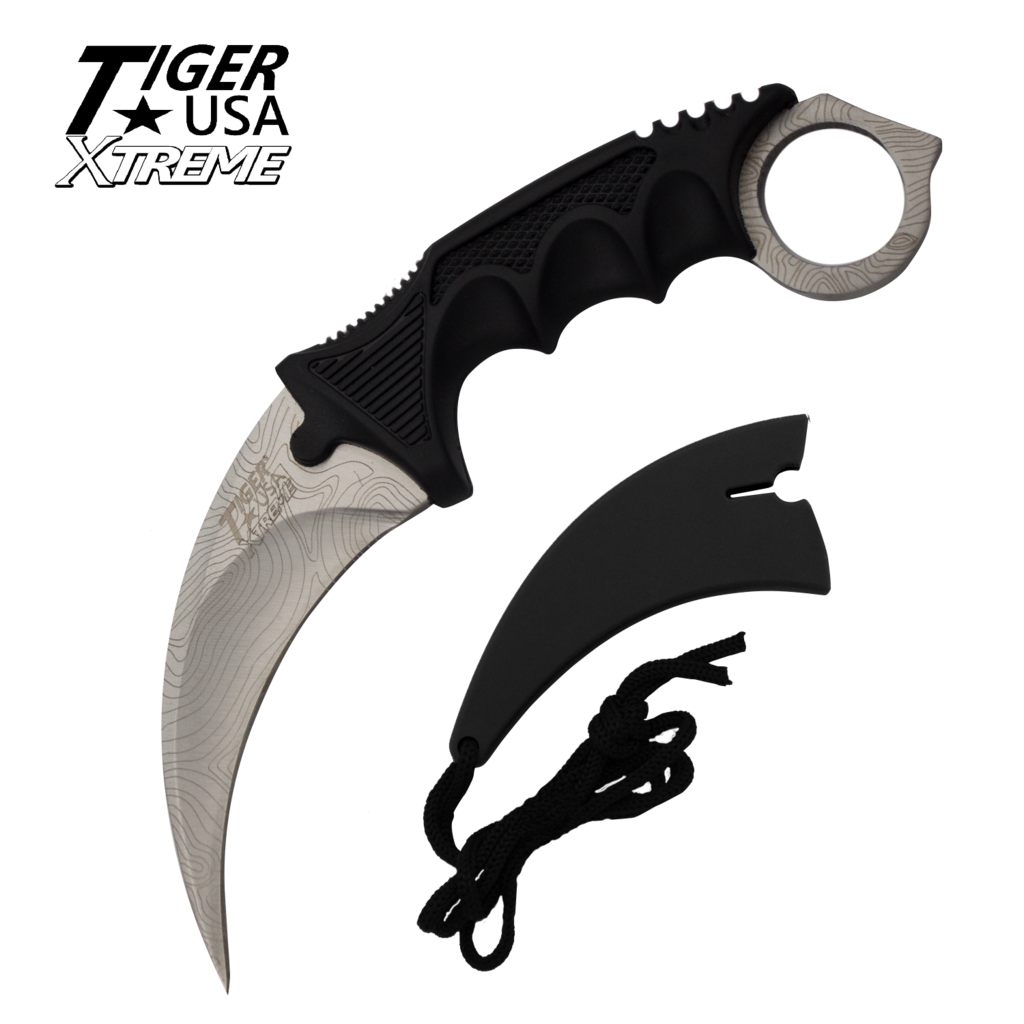 Silver Damascus Fixed Blade Karambit Neck Knife with Sheath