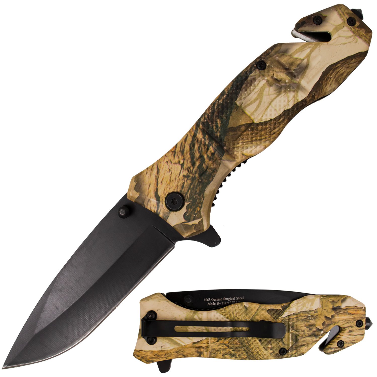 Tan Leaf Camo Action Liner Lock DP Blade Knife