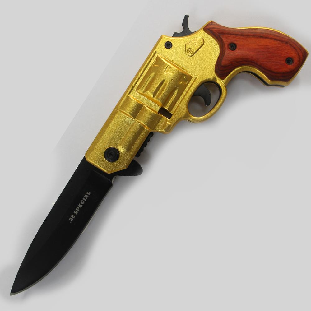 Tiger USA 38 Special Revolver Pistol Spring Assisted Knife (Gold)