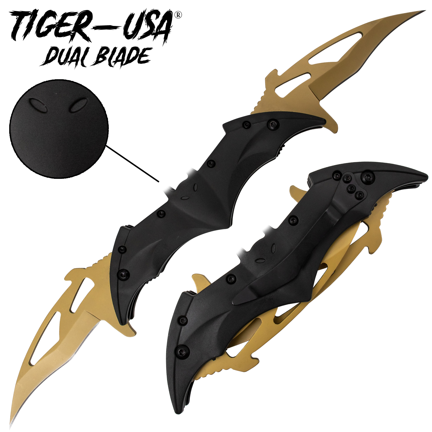 Tiger USA Dual Blade Trigger Action Knife Black Gold