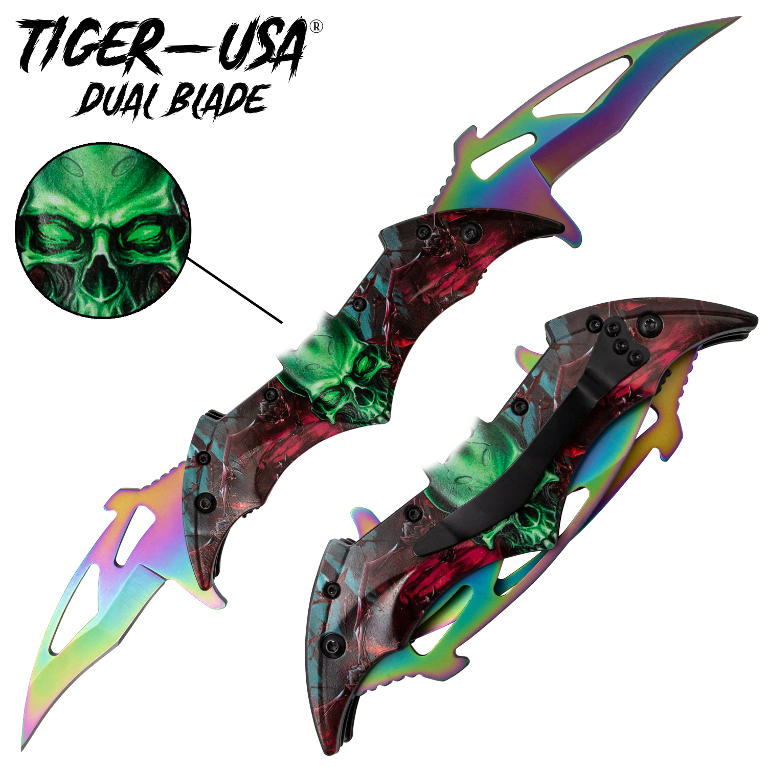 Tiger USA Dual Blade Trigger Action Knife Green Skull