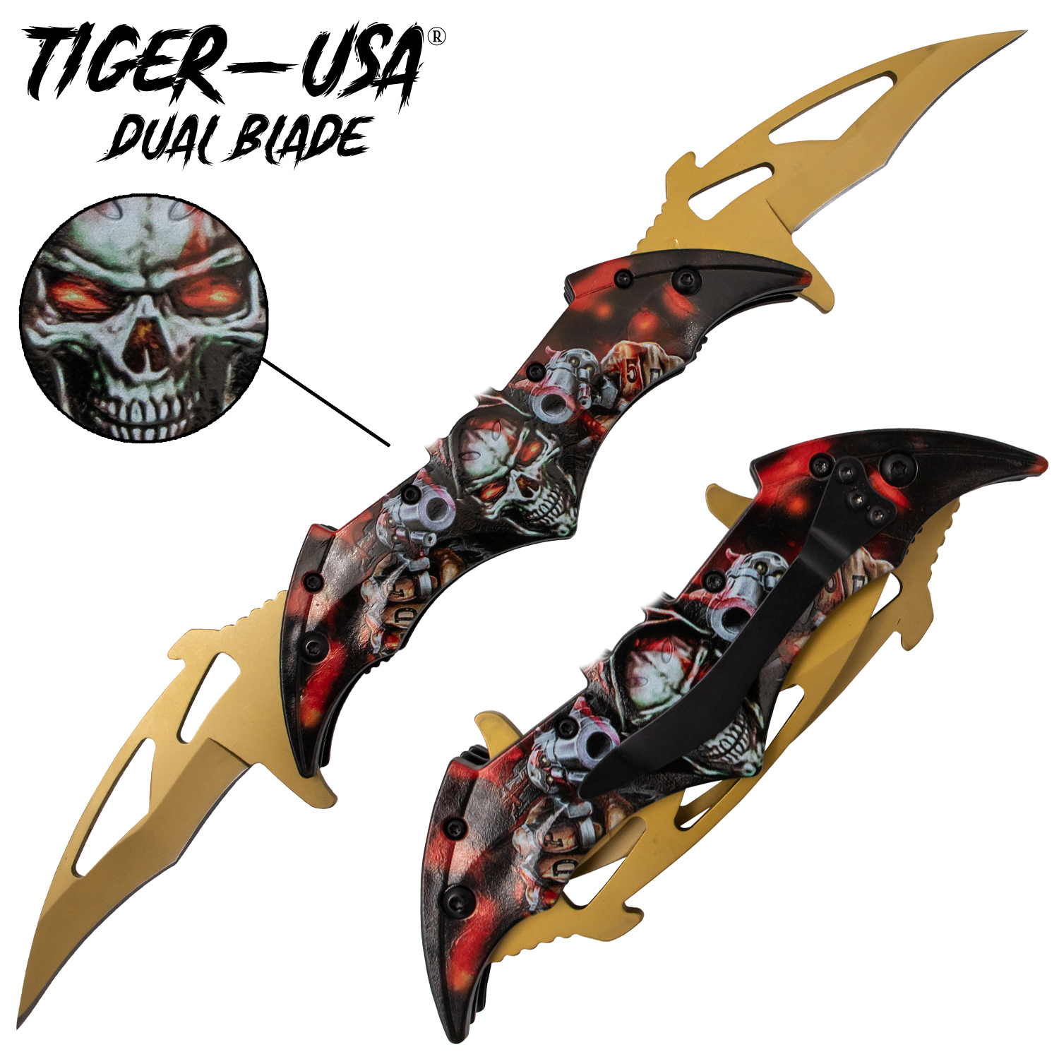 Tiger USA Dual Blade Trigger Action Knife Skull Gunner