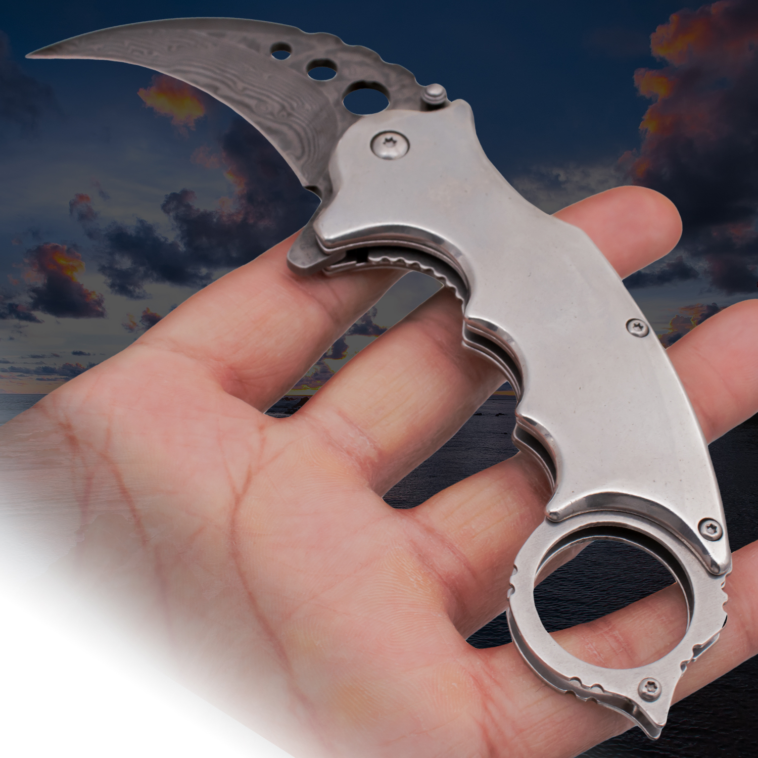 Tiger USA Karambit Genuine Damascus Steel Spring Assisted Blade Silver