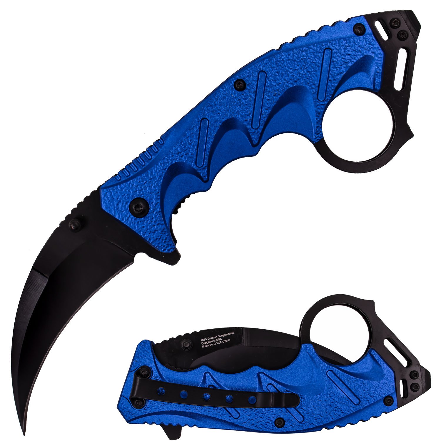 Tiger USA Spring Assisted Ergogrip Karambit Knife   Blue