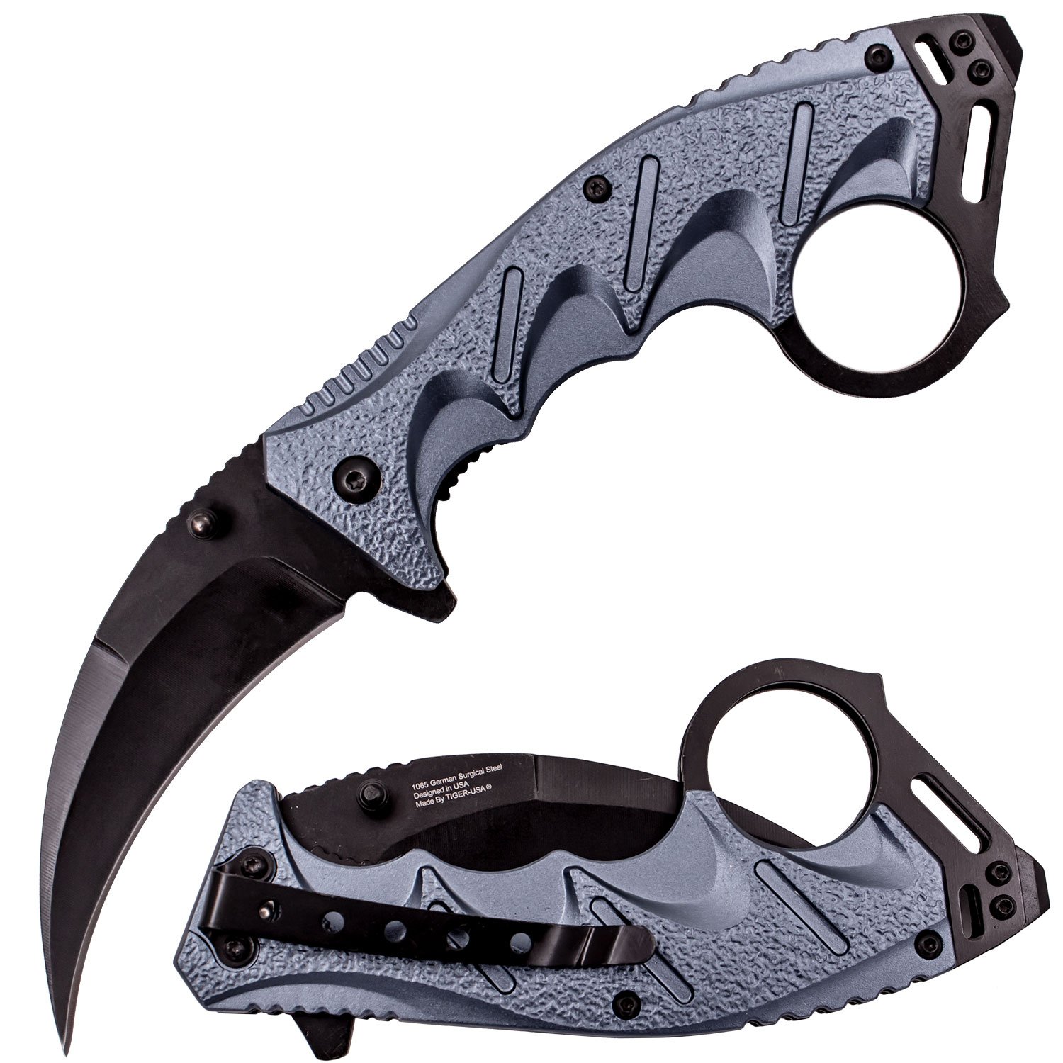 Tiger USA Spring Assisted Ergogrip Karambit Knife   Grey