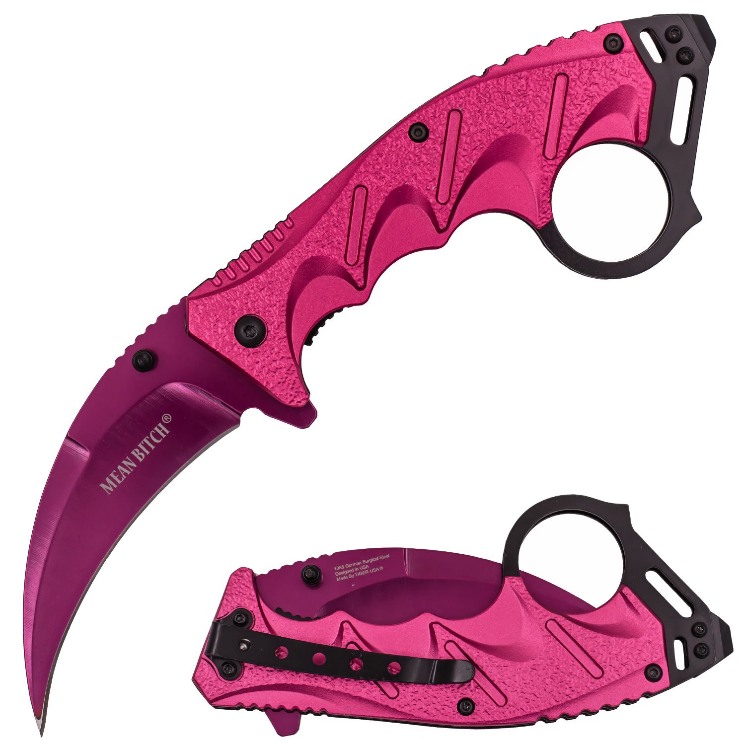 Tiger USA Spring Assisted Ergogrip Karambit Knife   Pink (Mean Bitch)