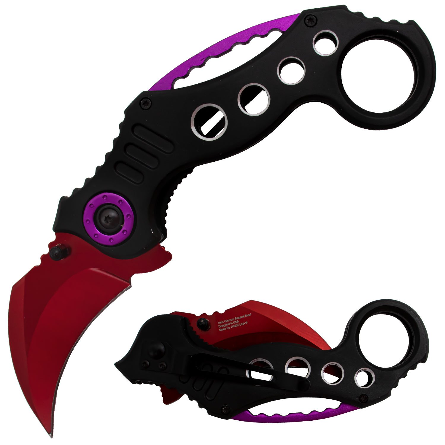 Tiger USA Spring Assisted Karambit Knife Black Red Purple