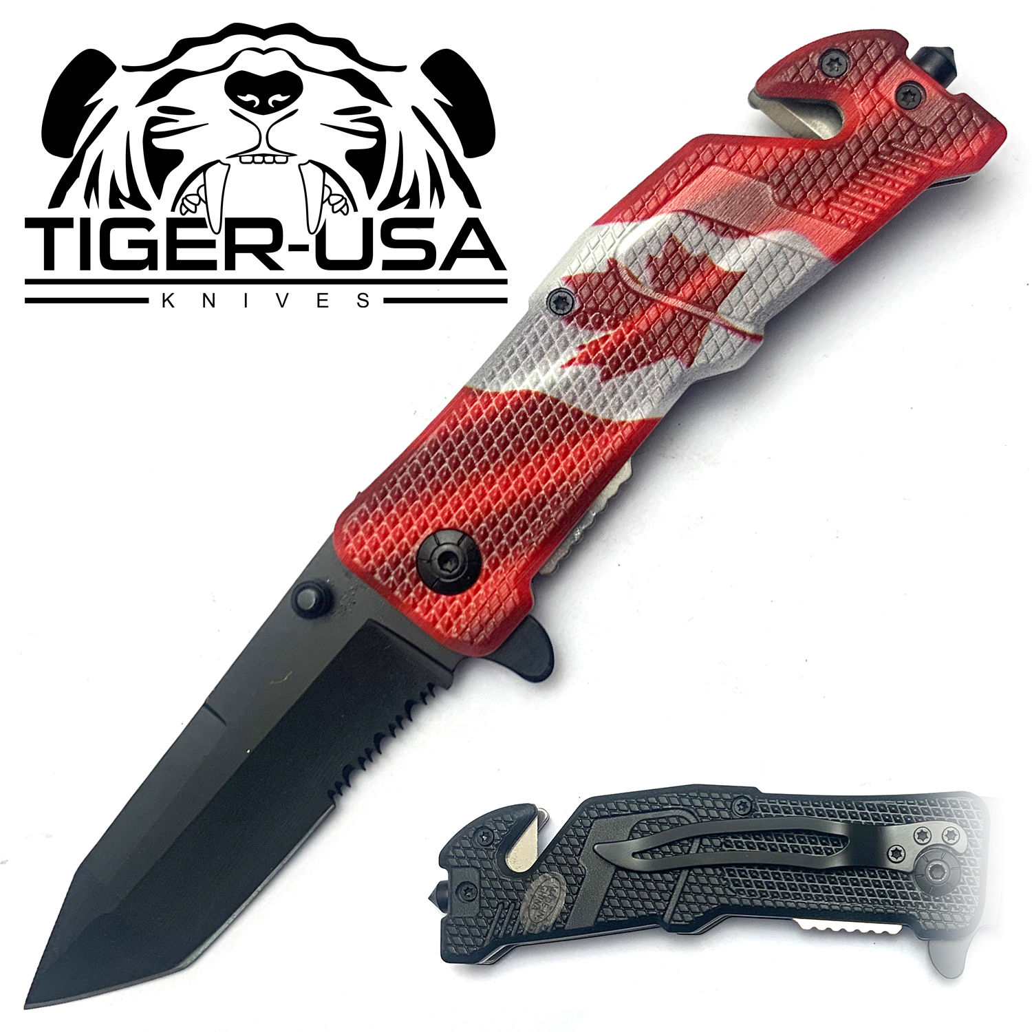 Tiger USA Spring Assisted Knife Canada Tanto Serrated