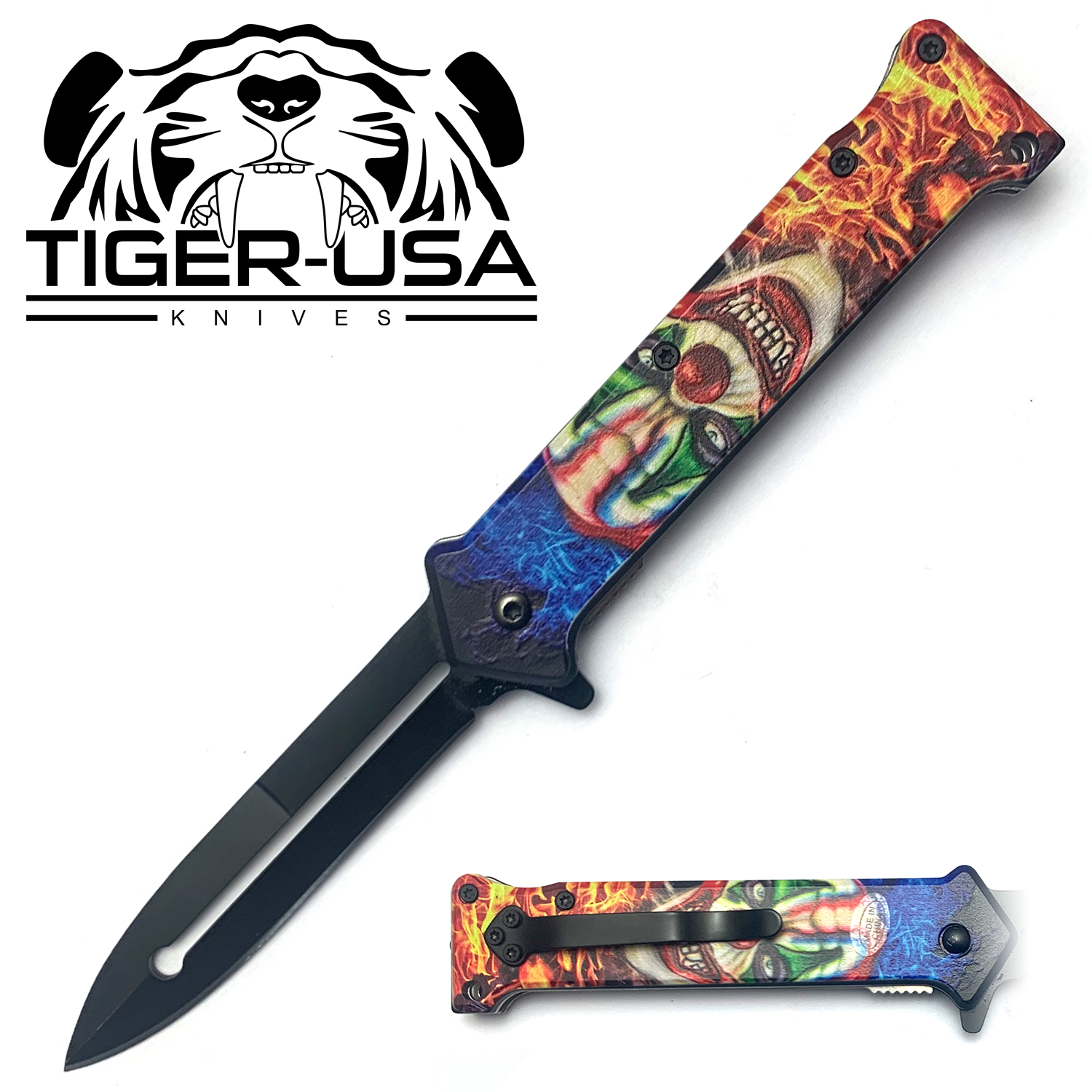 Tiger USA Spring Assisted Knife Death Clown Joker 8