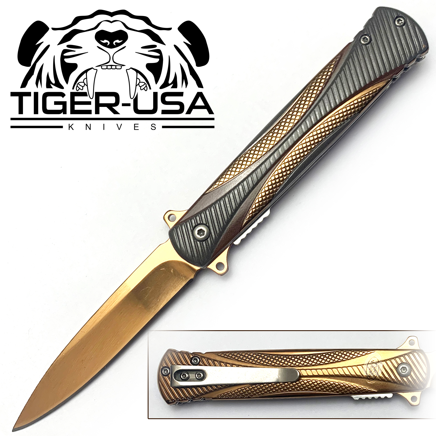 Tiger USA Spring Assisted Knife Fiber Gold