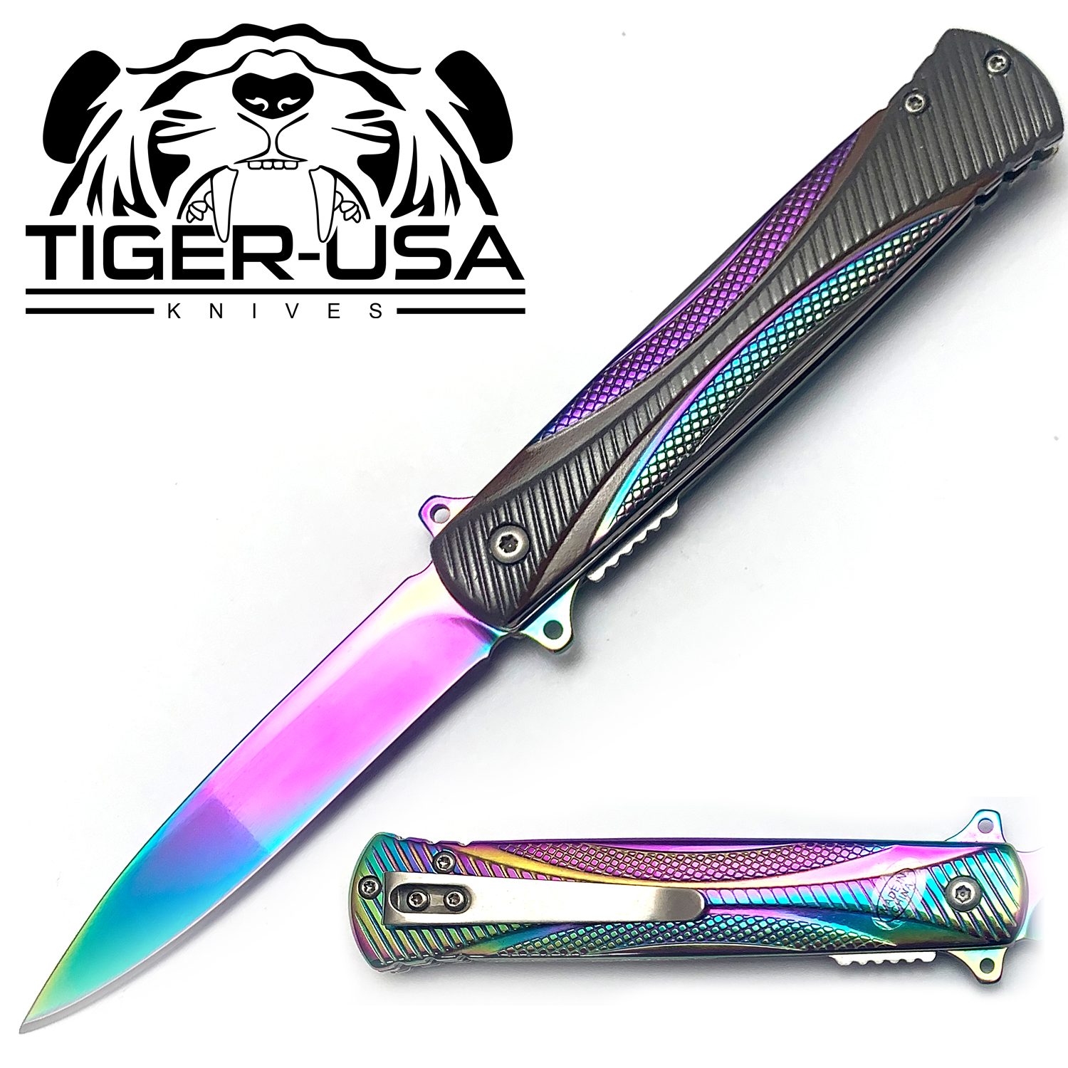 Tiger USA Spring Assisted Knife Fiber Rainbow