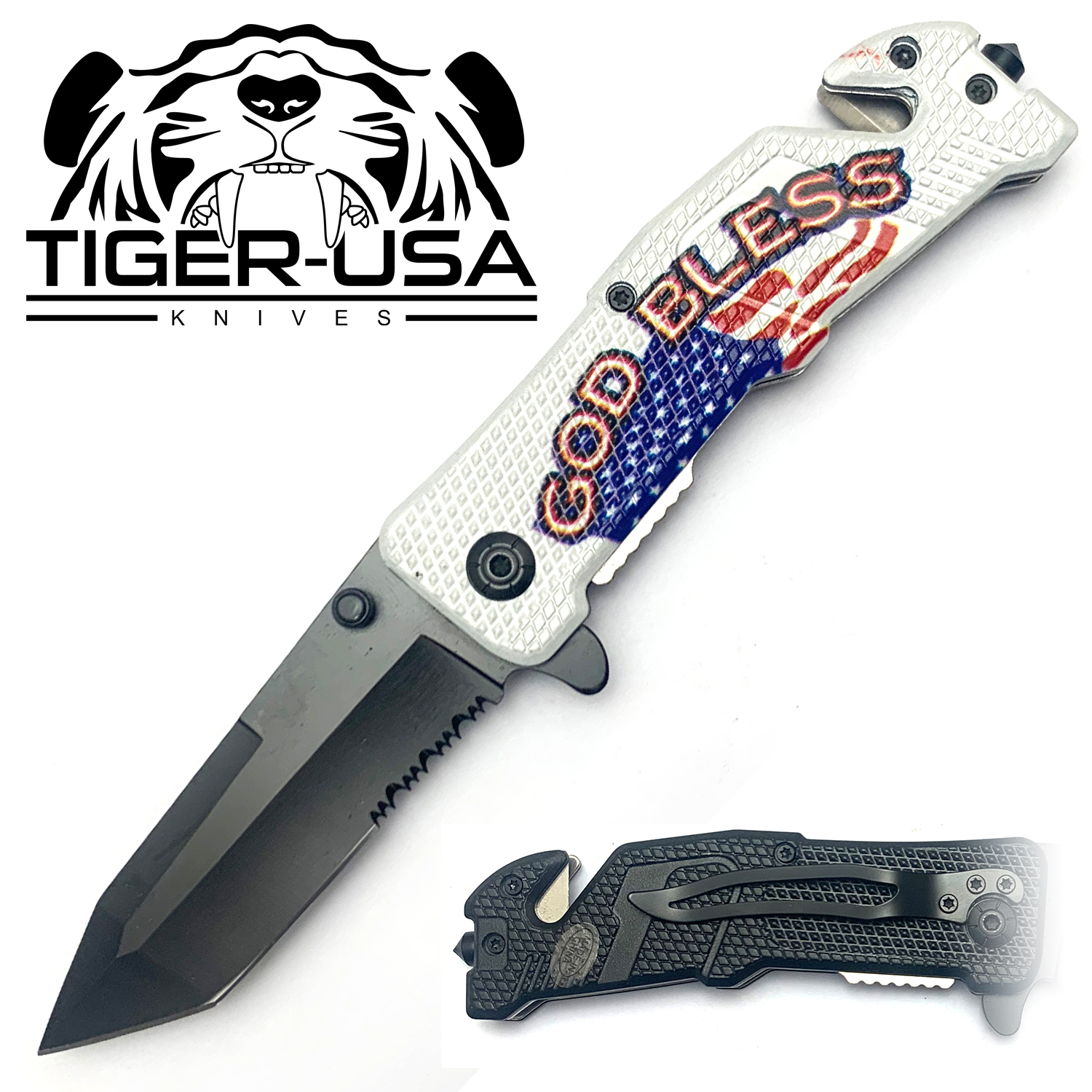Tiger USA Spring Assisted Knife God Bless Tanto Serrated
