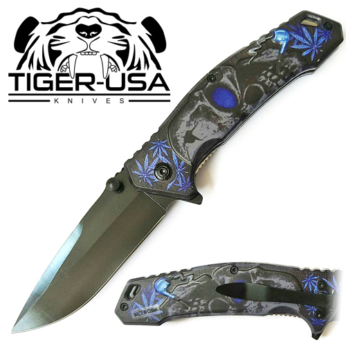Tiger USA Spring Assisted Knife Skull Blue