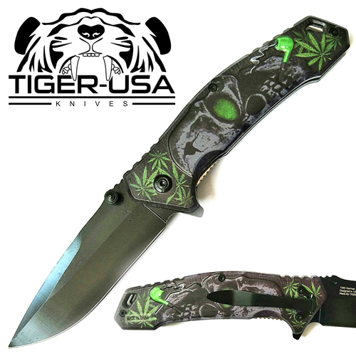 Tiger USA Spring Assisted Knife Skull Green
