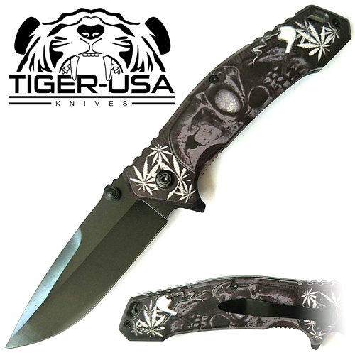 Tiger USA Spring Assisted Knife Skull Grey