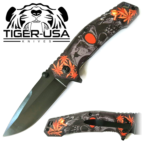 Tiger USA Spring Assisted Knife Skull Orange
