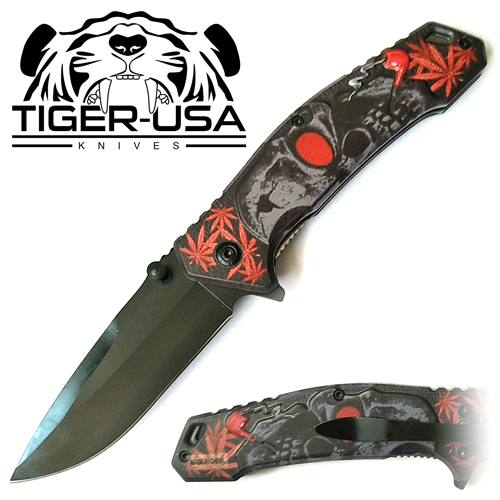 Tiger USA Spring Assisted Knife Skull Red