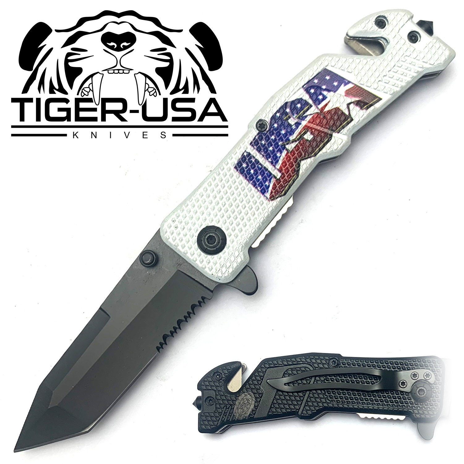 Tiger USA Spring Assisted Knife USA Tanto Serrated