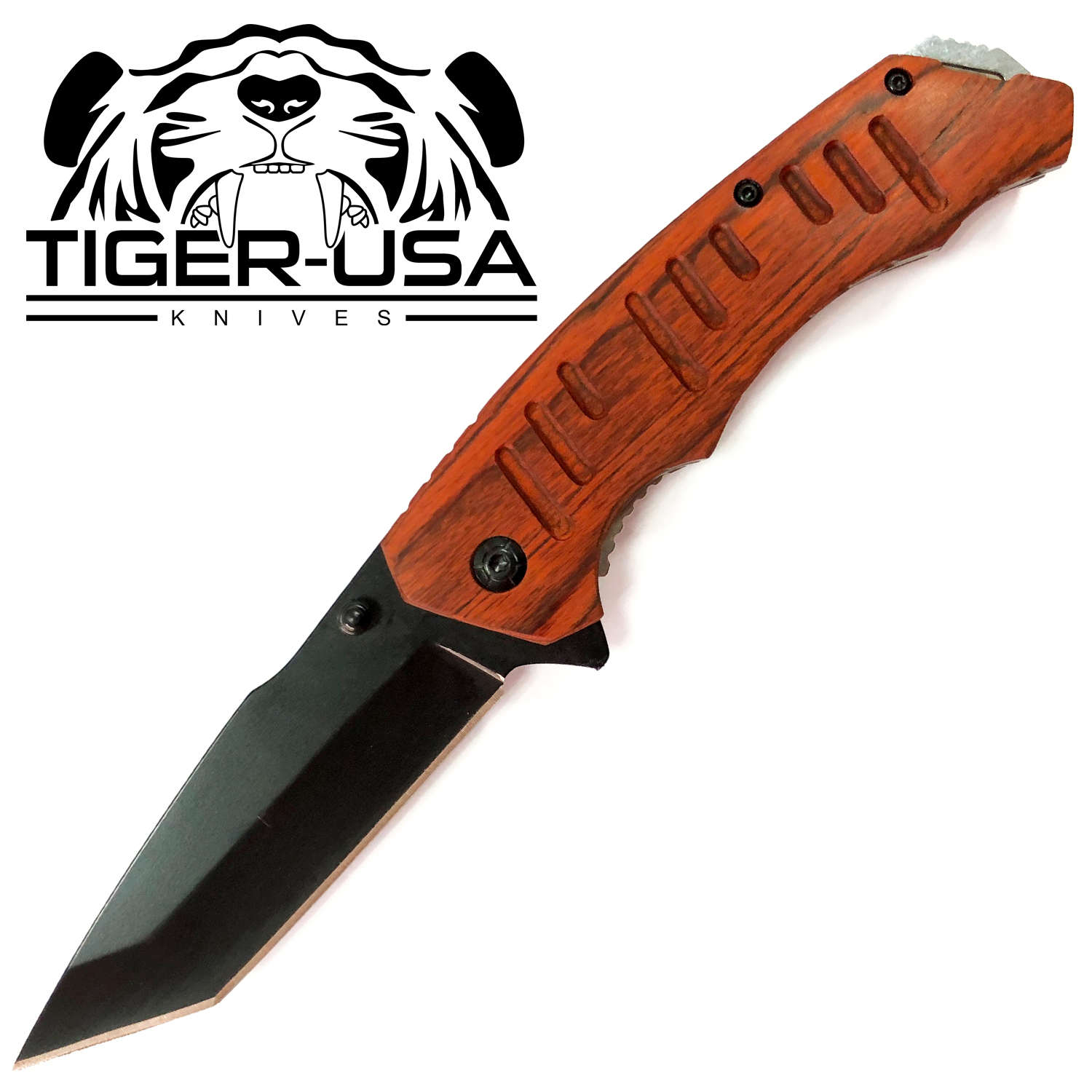 Tiger USA Spring Assisted Knife Wood Tanto