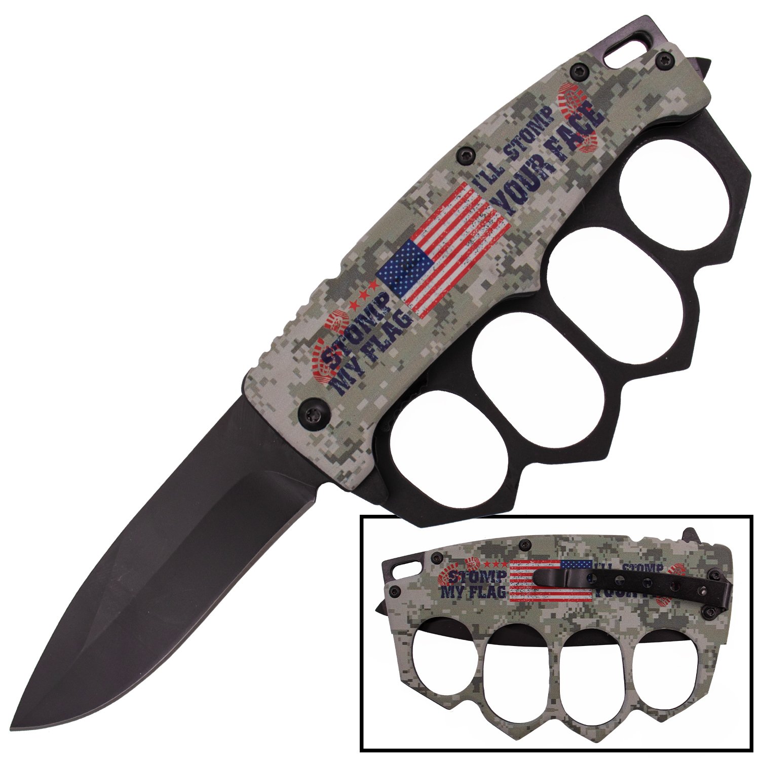 Tiger USA Spring Assisted Trench Knife   XXL Finger Holes (STOMP MY FLAG DIGI CAMO)